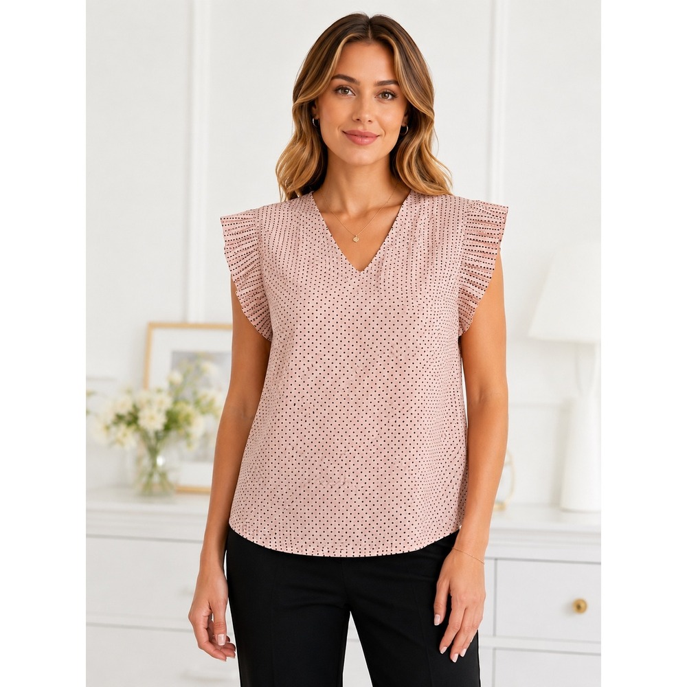 Adrianna Papell Womens Pink Polka Dot Ruffle Sleeve V-Neck Blouse Large